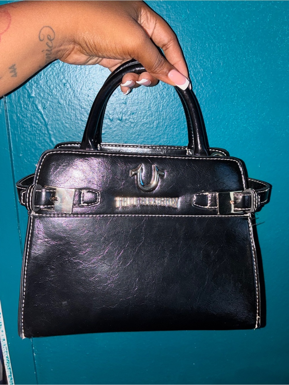 Black Structured Leather Satchel Handbag - True Religion